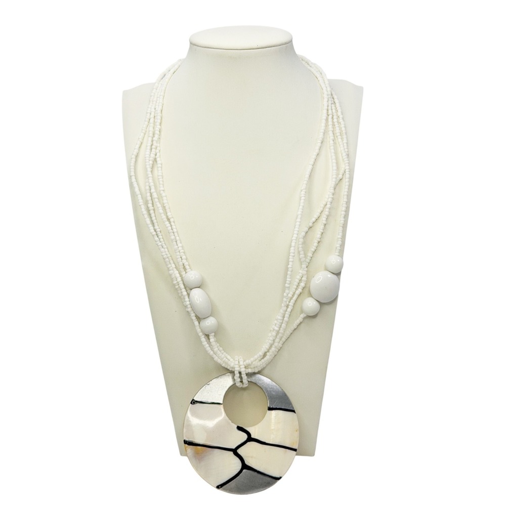 White Multi Strand Seed Bead Necklace Large Shell Circle Pendant Boho Coastal‎